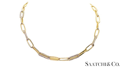 14K (585) White - Yellow Gold Two tone PaperClip shape Necklace -Natural Diamond