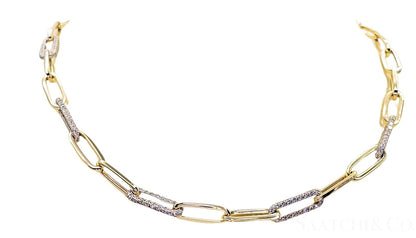 14K (585) White - Yellow Gold Two tone PaperClip shape Necklace -Natural Diamond