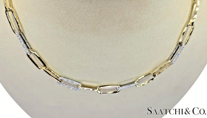 14K (585) White - Yellow Gold Two tone PaperClip shape Necklace -Natural Diamond