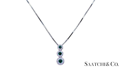 14K (585) White Gold Natural Diamond & Emerald Pendant With Chain