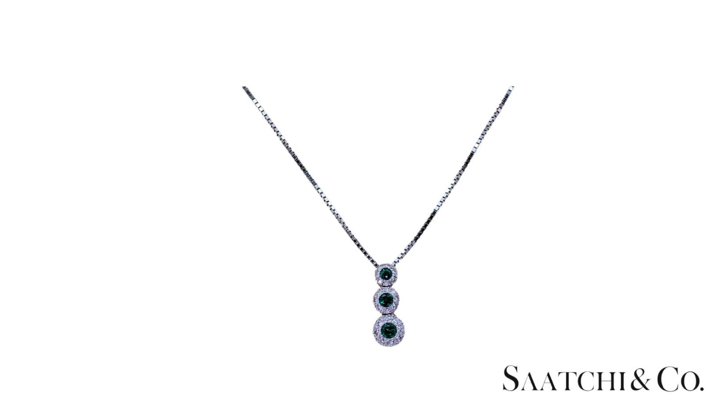 14K (585) White Gold Natural Diamond & Emerald Pendant With Chain