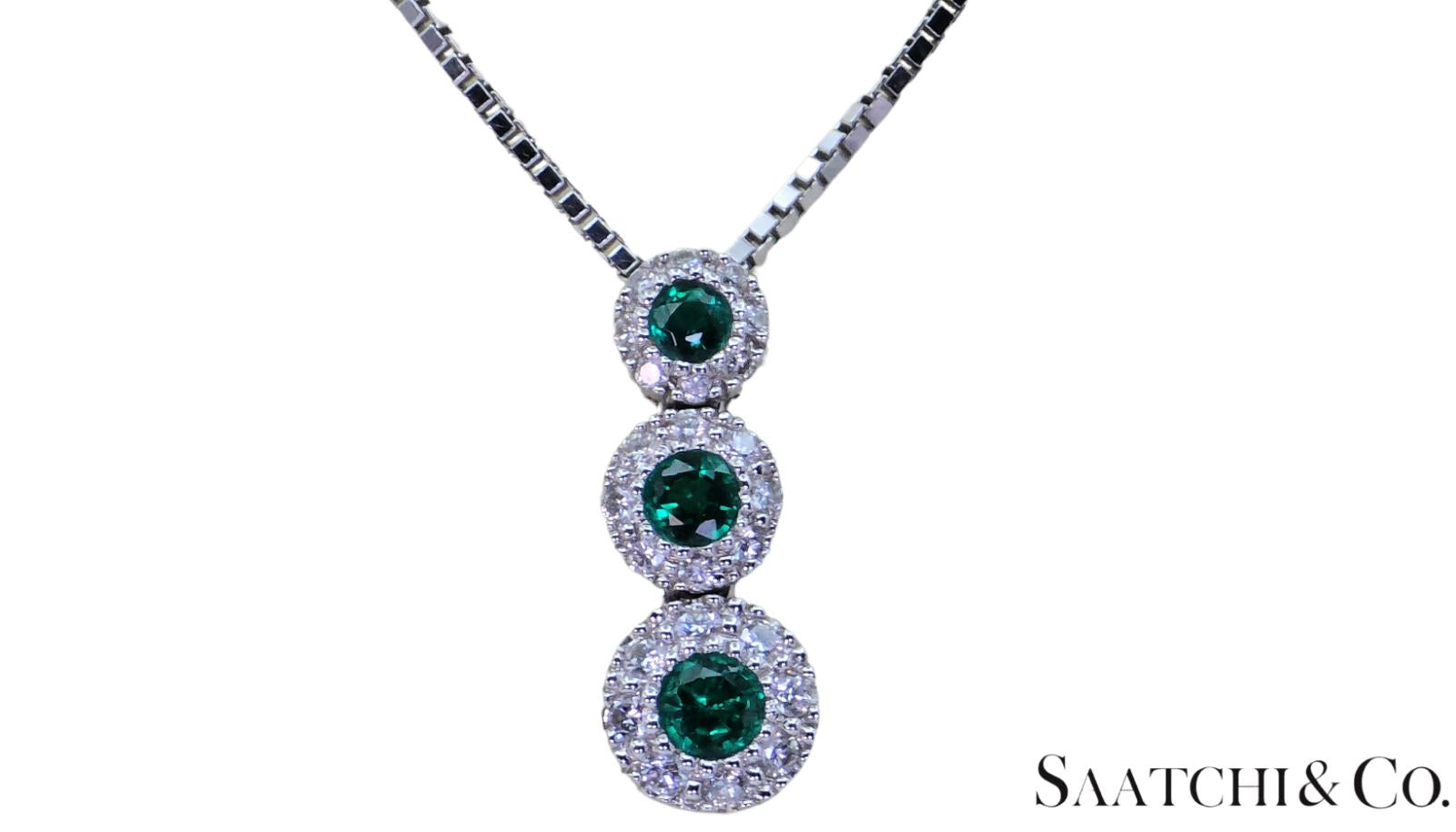 14K (585) White Gold Natural Diamond & Emerald Pendant With Chain