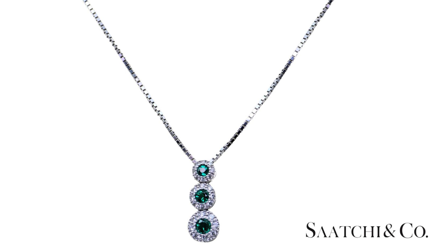 14K (585) White Gold Natural Diamond & Emerald Pendant With Chain