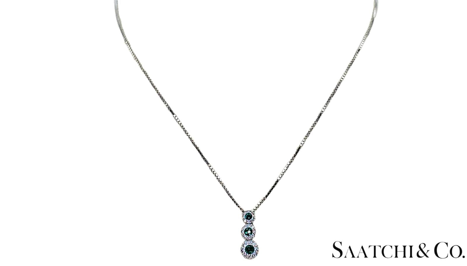 14K (585) White Gold Natural Diamond & Emerald Pendant With Chain