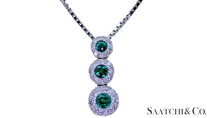 14K (585) White Gold Natural Diamond & Emerald Pendant With Chain