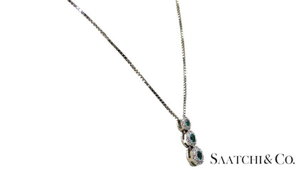 14K (585) White Gold Natural Diamond & Emerald Pendant With Chain