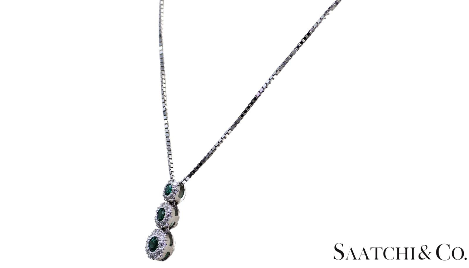 14K (585) White Gold Natural Diamond & Emerald Pendant With Chain