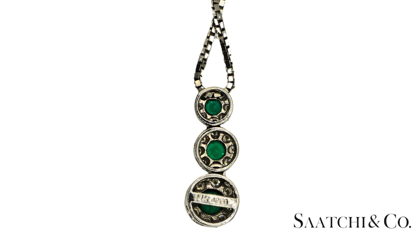 14K (585) White Gold Natural Diamond & Emerald Pendant With Chain