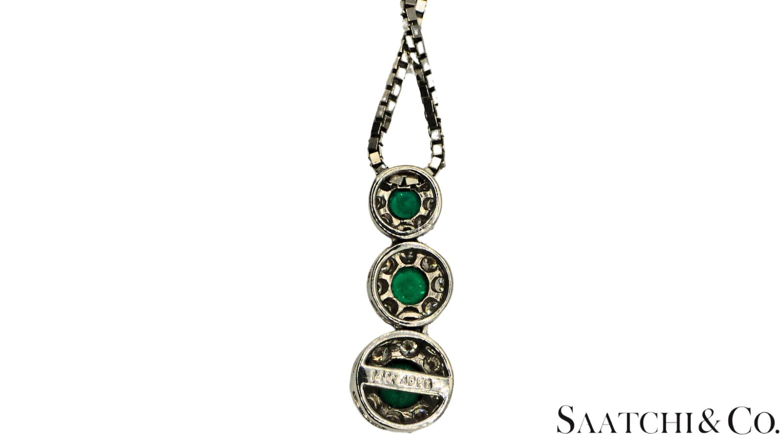 14K (585) White Gold Natural Diamond & Emerald Pendant With Chain