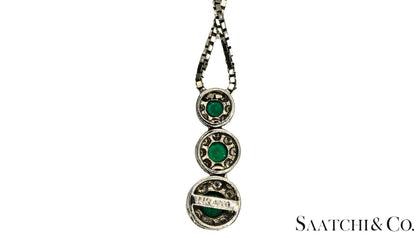 14K (585) White Gold Natural Diamond & Emerald Pendant With Chain