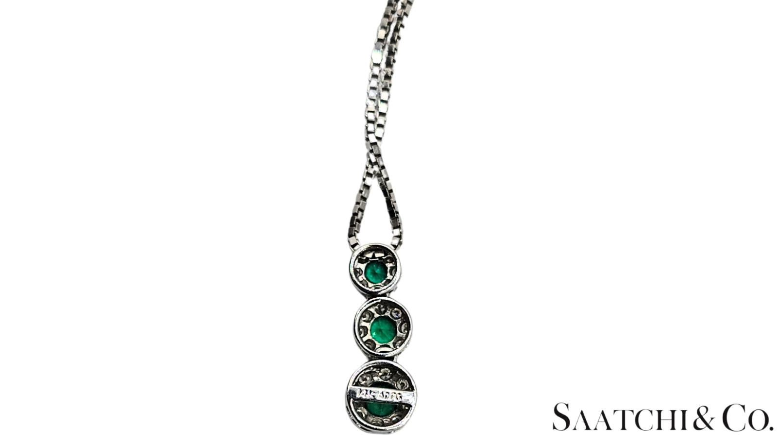 14K (585) White Gold Natural Diamond & Emerald Pendant With Chain