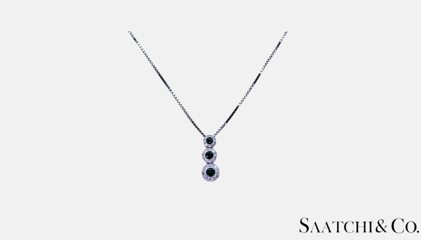 14K (585) White Gold Natural Diamond & Emerald Pendant With Chain