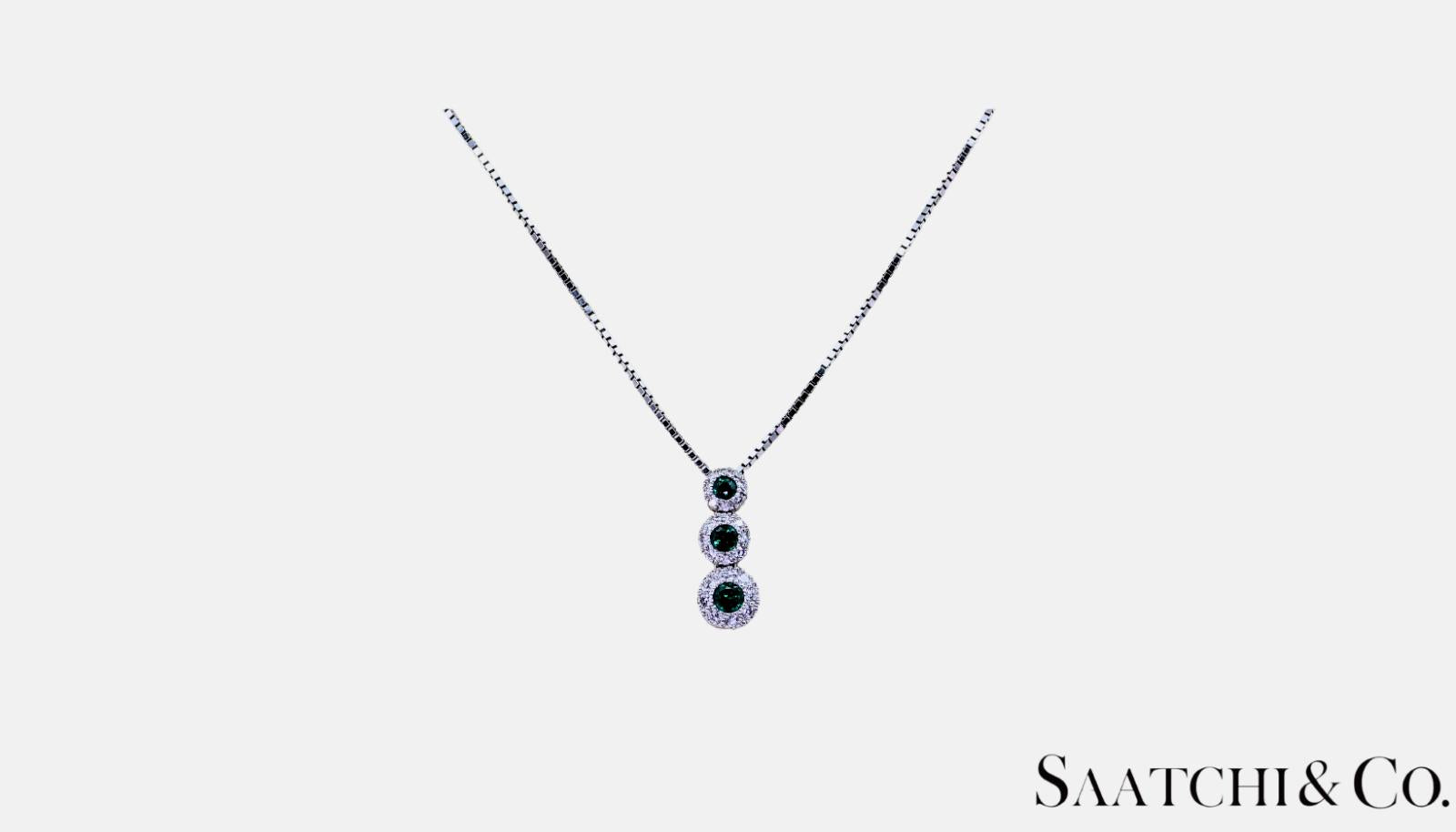 14K (585) White Gold Natural Diamond & Emerald Pendant With Chain