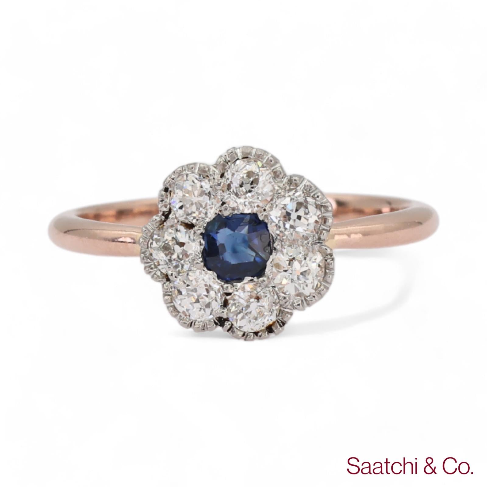 14K (585) Yellow White Rose and Gold Vintage Sapphire Diamond Ring
