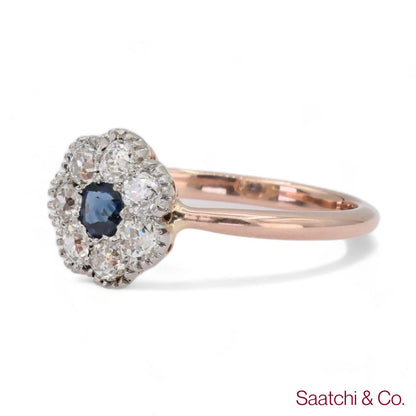 14K (585) Yellow White Rose and Gold Vintage Sapphire Diamond Ring