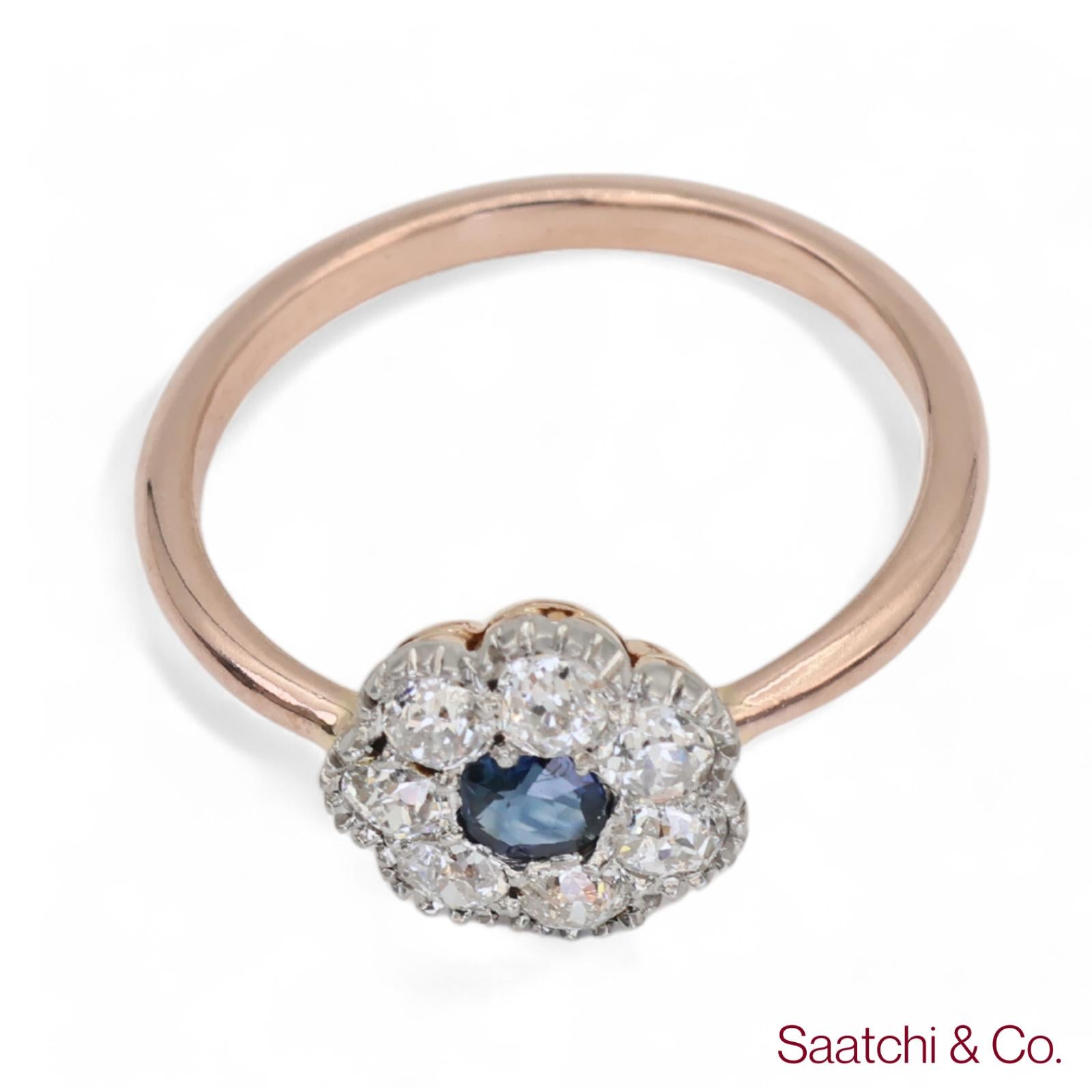 14K (585) Yellow White Rose and Gold Vintage Sapphire Diamond Ring