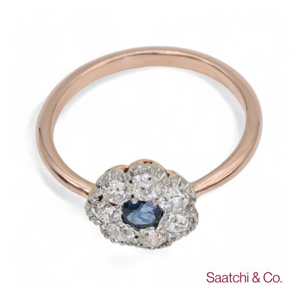 14K (585) Yellow White Rose and Gold Vintage Sapphire Diamond Ring