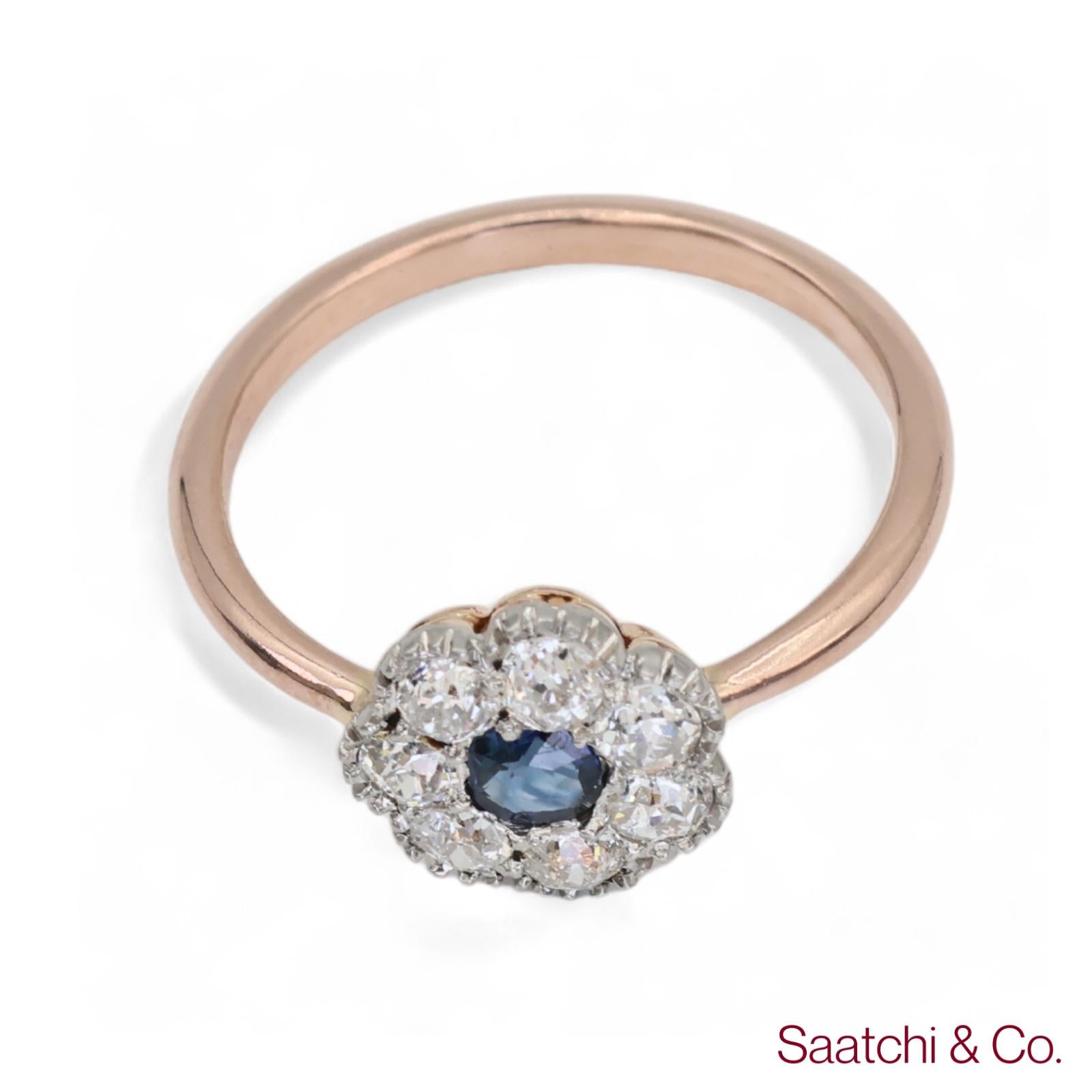 14K (585) Yellow White Rose and Gold Vintage Sapphire Diamond Ring