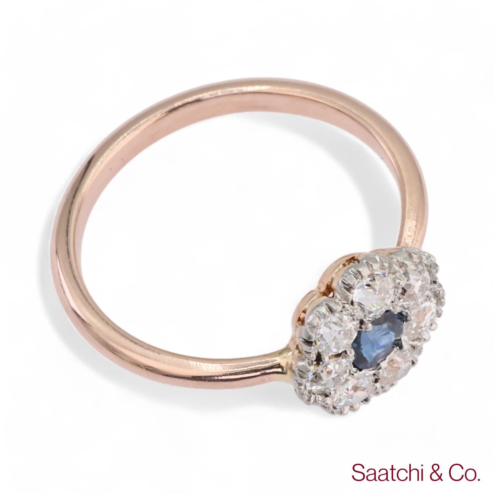 14K (585) Yellow White Rose and Gold Vintage Sapphire Diamond Ring