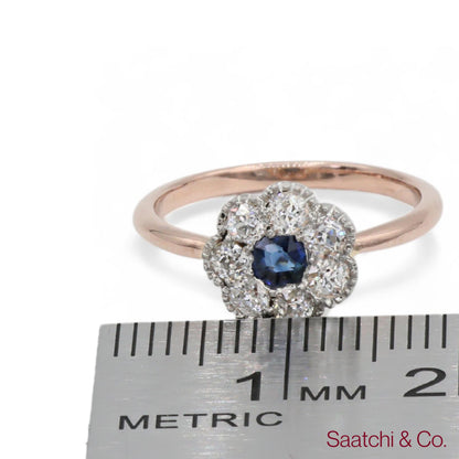 14K (585) Yellow White Rose and Gold Vintage Sapphire Diamond Ring