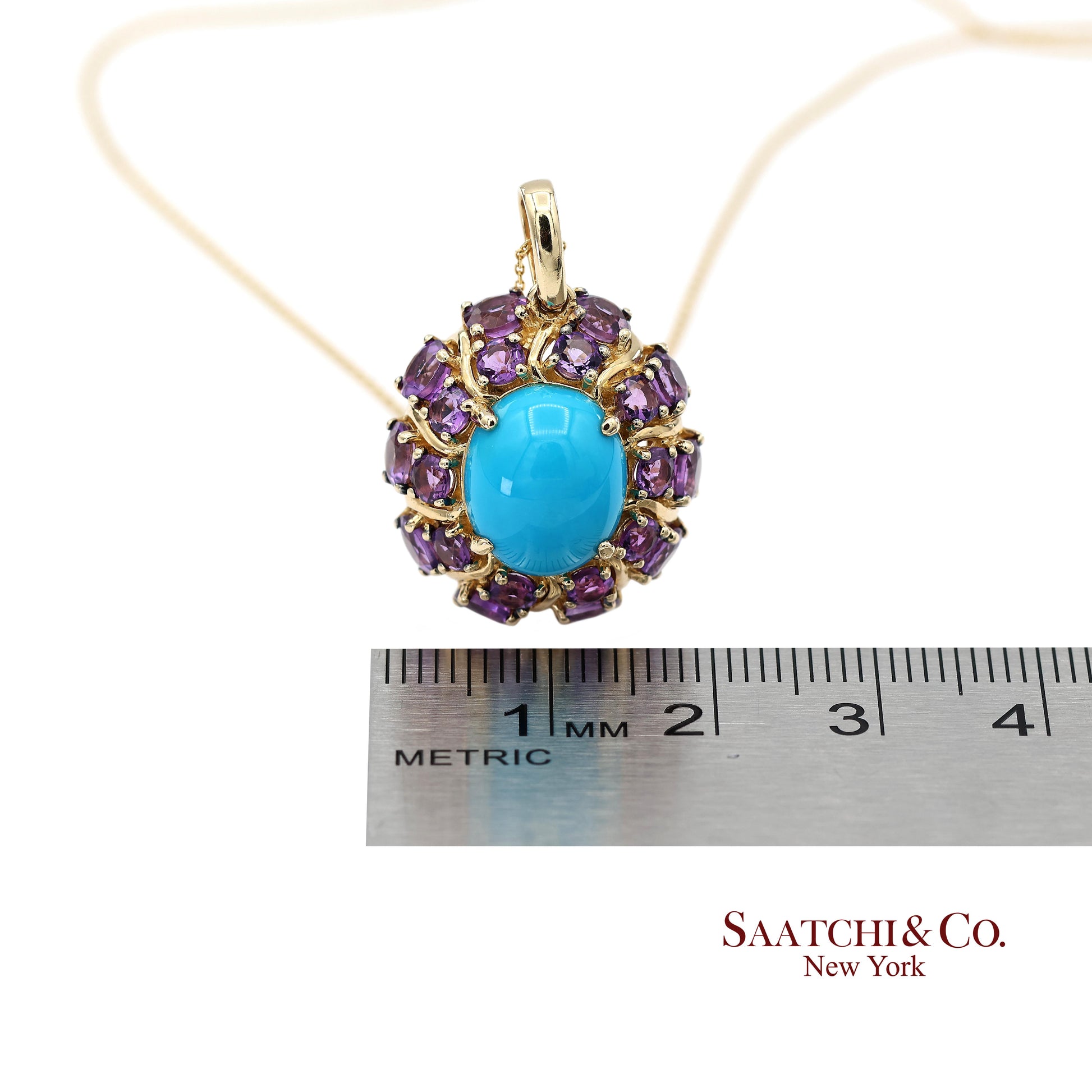 14K Yellow Gold Carlo Viani Turquoise and Amethyst Pendant Necklace with Chain