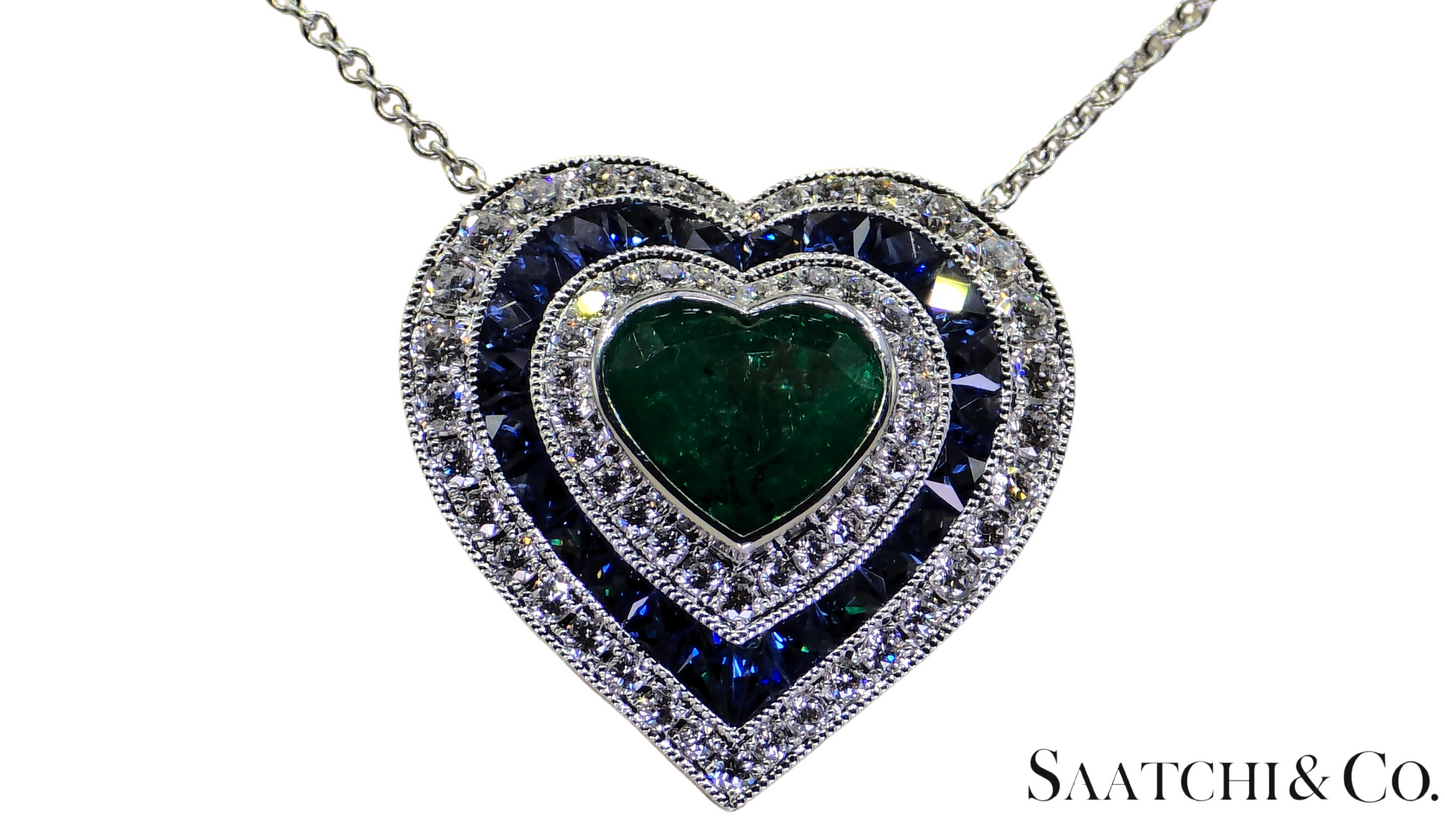 Platinum (950) Heart Shape Natural Emerald Sapphire Diamond Pendant With Chain