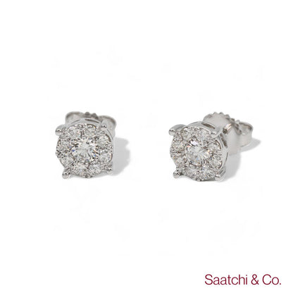 14k (585) White Gold Round Cut Diamond Cluster Stud Earrings