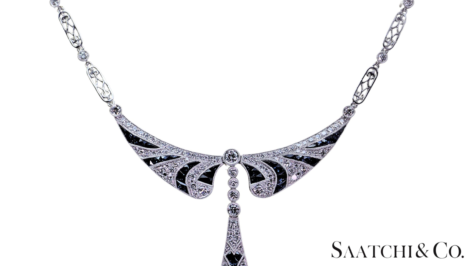 GIA Certified Diamond and Natural Sapphire in Platinum 950 Elegant Necklace