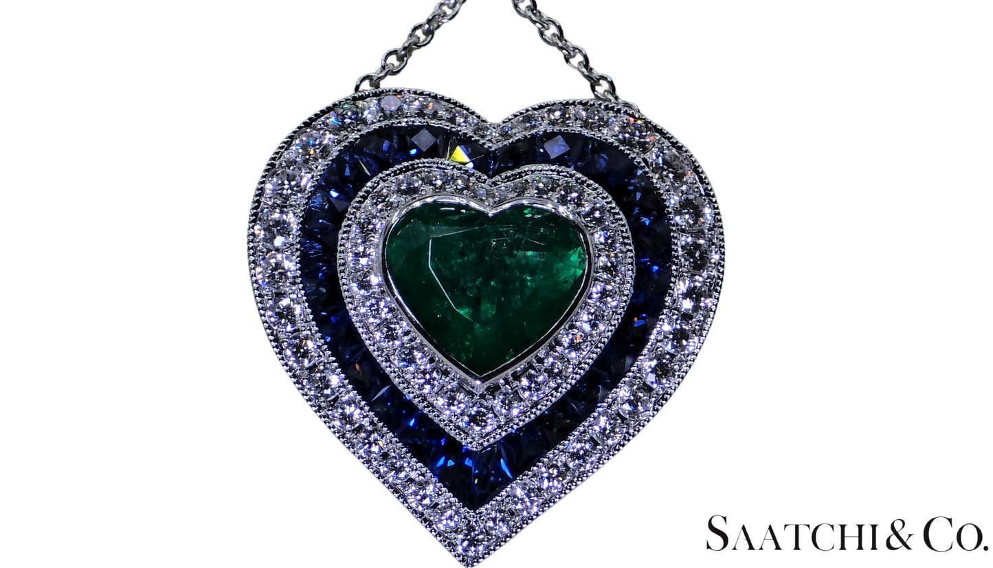 Platinum (950) Heart Shape Natural Emerald Sapphire Diamond Pendant With Chain