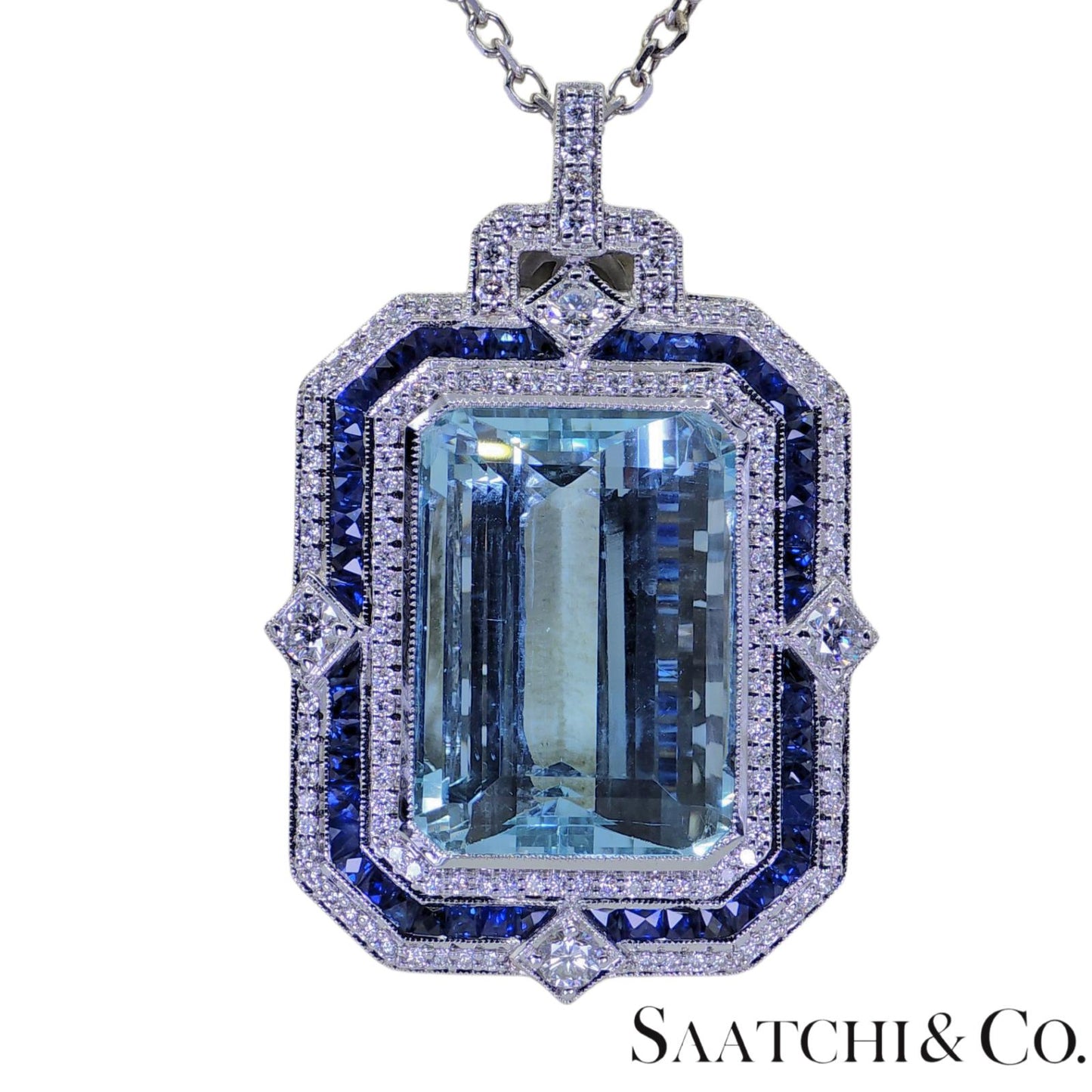 18K (750) White Gold - Natural : Aquamarine Stone, Diamond And Sapphire Pendant