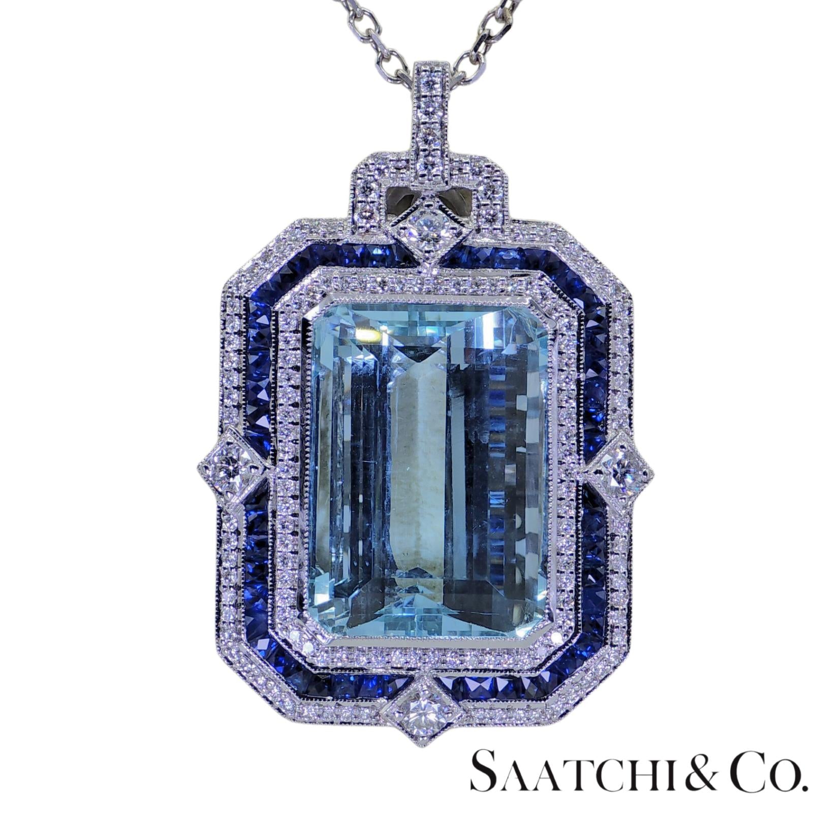 18K (750) White Gold - Natural : Aquamarine Stone, Diamond And Sapphire Pendant