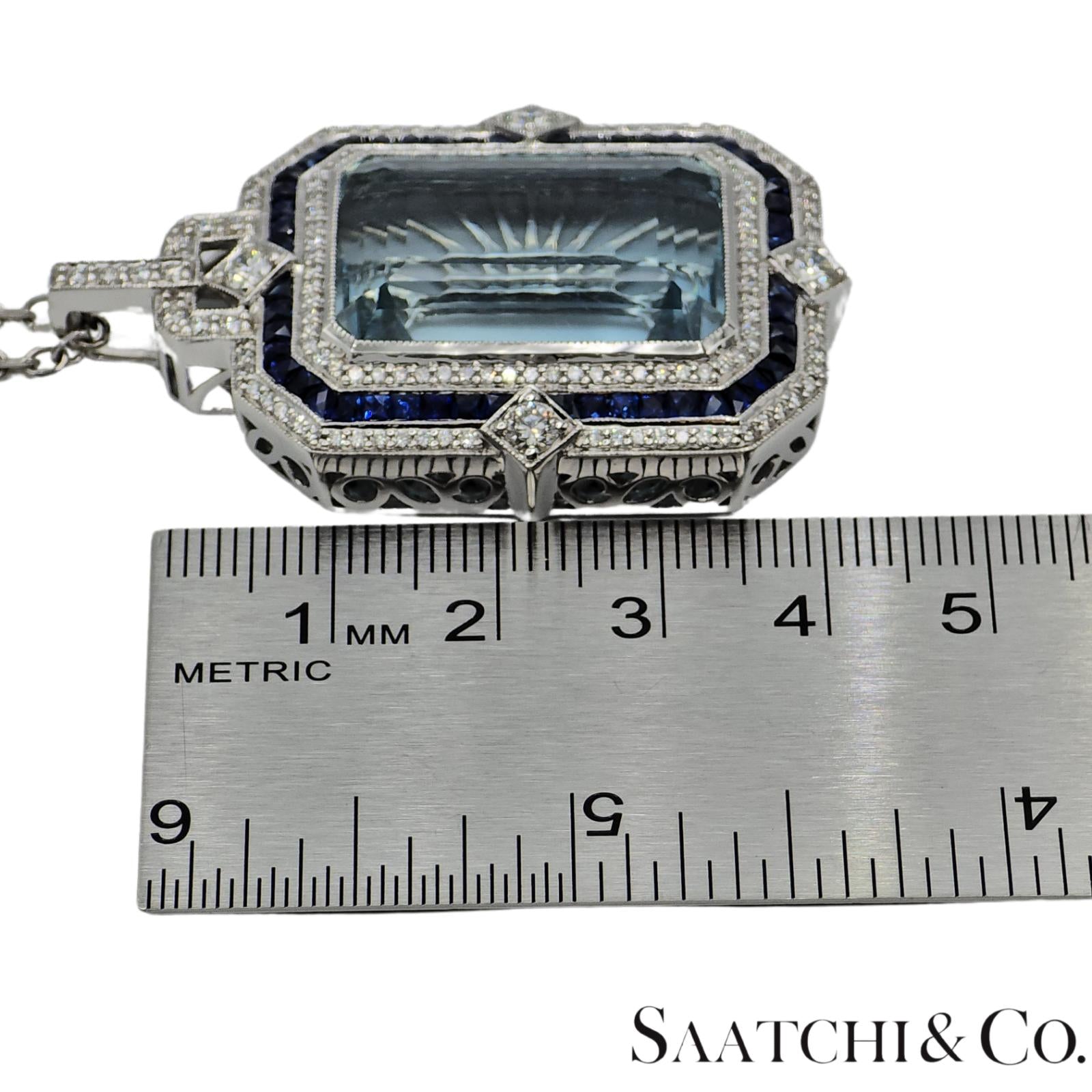 18K (750) White Gold - Natural : Aquamarine Stone, Diamond And Sapphire Pendant
