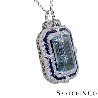 18K (750) White Gold - Natural : Aquamarine Stone, Diamond And Sapphire Pendant