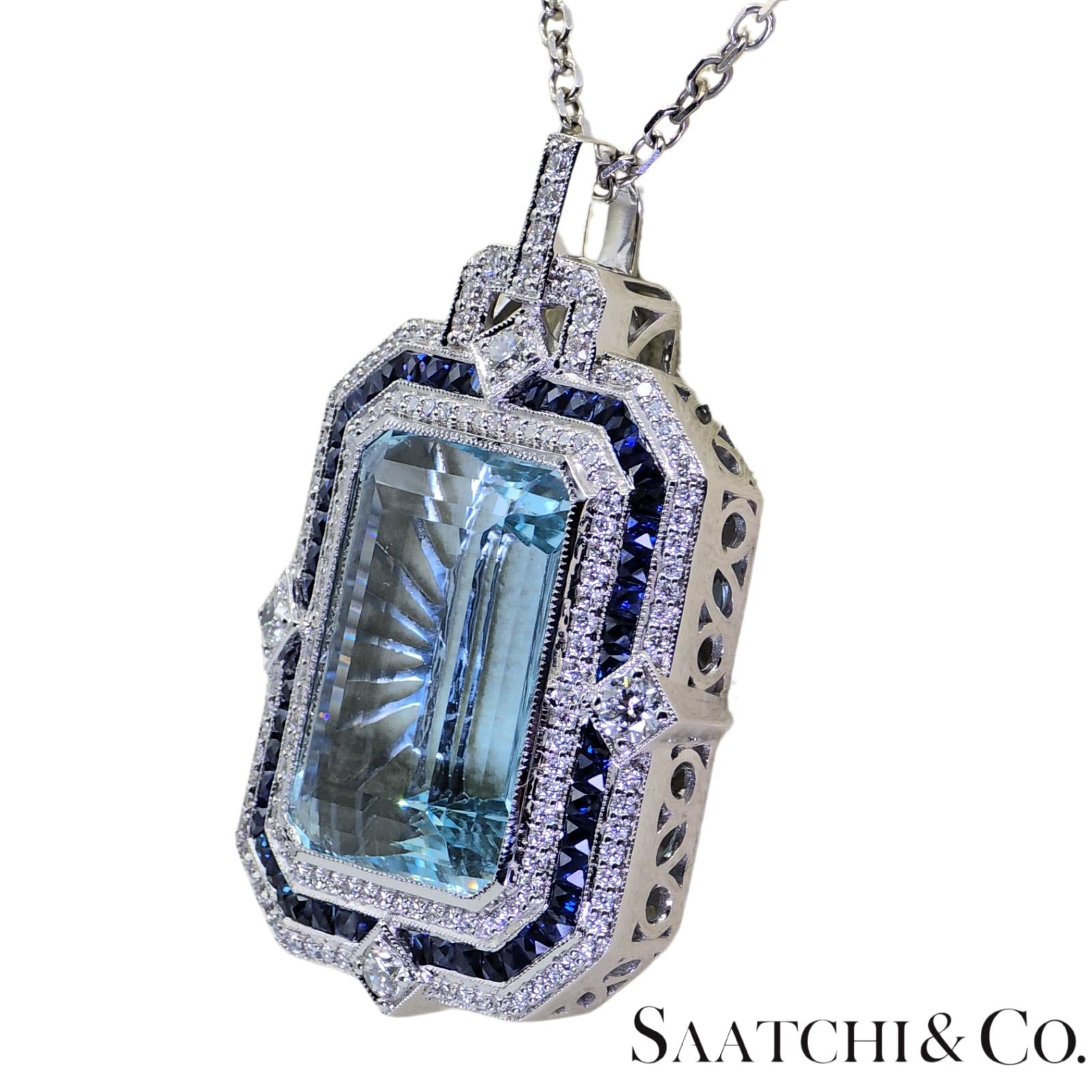 18K (750) White Gold - Natural : Aquamarine Stone, Diamond And Sapphire Pendant