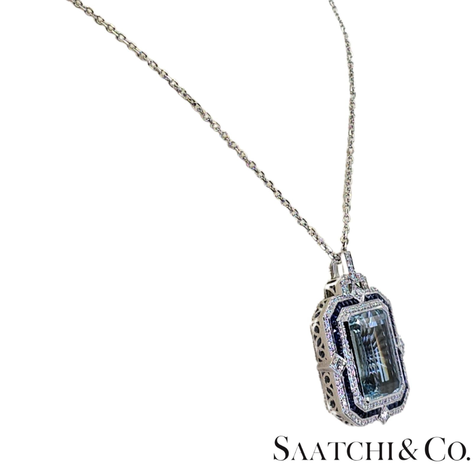 18K (750) White Gold - Natural : Aquamarine Stone, Diamond And Sapphire Pendant