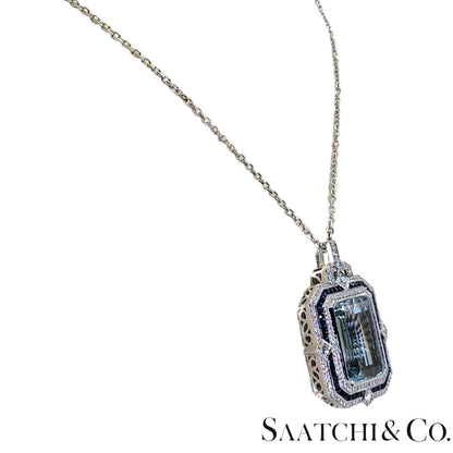 18K (750) White Gold - Natural : Aquamarine Stone, Diamond And Sapphire Pendant
