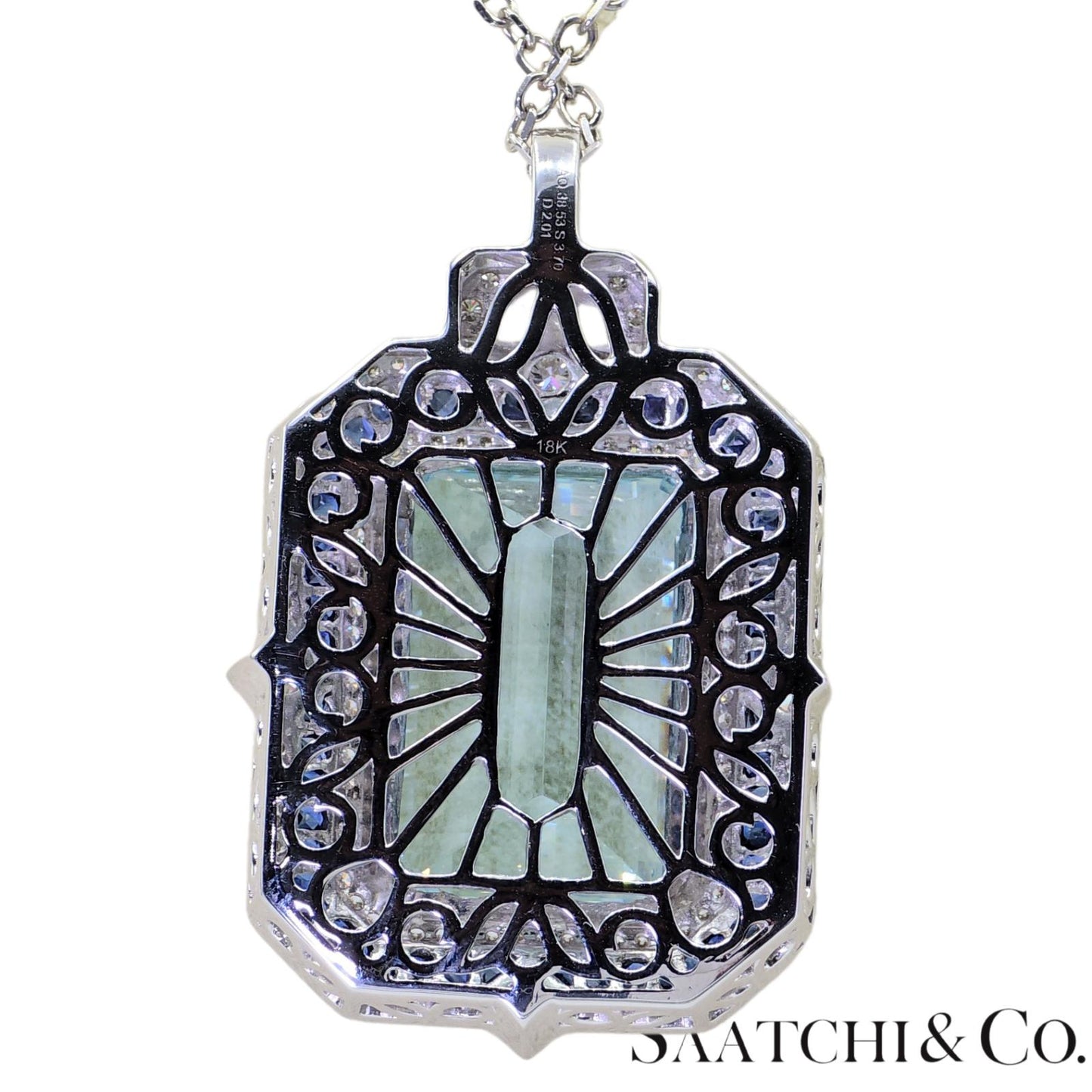 18K (750) White Gold - Natural : Aquamarine Stone, Diamond And Sapphire Pendant