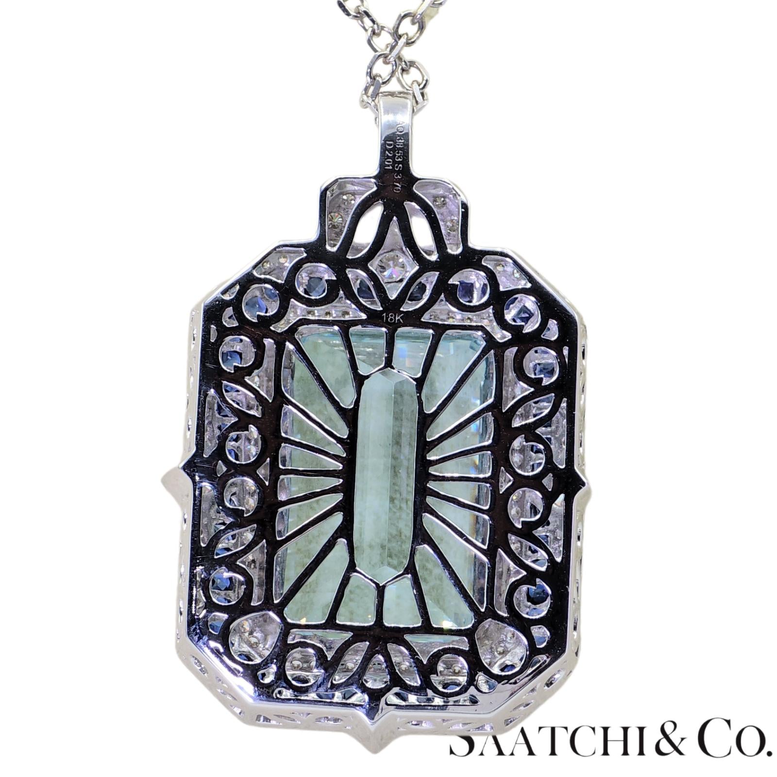 18K (750) White Gold - Natural : Aquamarine Stone, Diamond And Sapphire Pendant