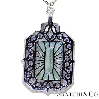 18K (750) White Gold - Natural : Aquamarine Stone, Diamond And Sapphire Pendant