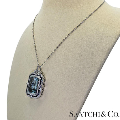 18K (750) White Gold - Natural : Aquamarine Stone, Diamond And Sapphire Pendant