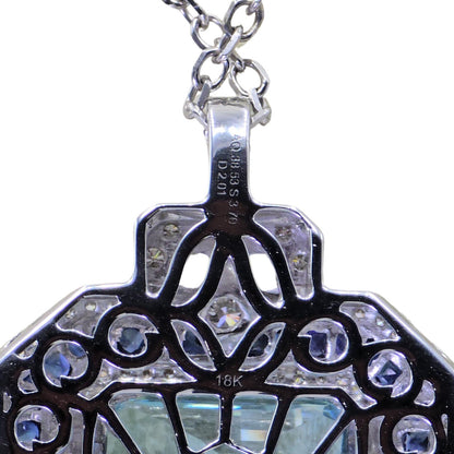 18K (750) White Gold - Natural : Aquamarine Stone, Diamond And Sapphire Pendant