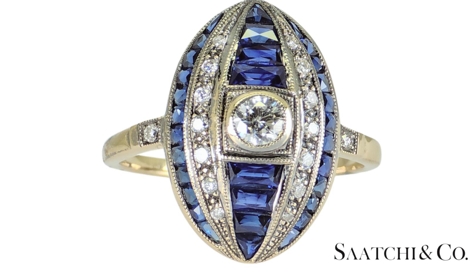18K (750) White Gold - Natural VVS- VS Diamond and Sapphire; Top Quality Ring
