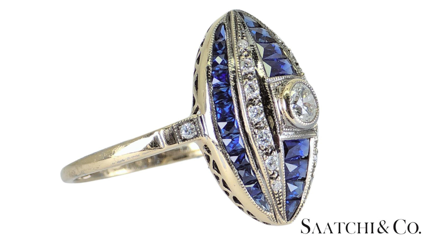 18K (750) White Gold - Natural VVS- VS Diamond and Sapphire; Top Quality Ring