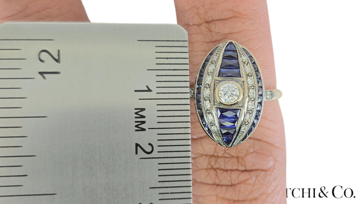 18K (750) White Gold - Natural VVS- VS Diamond and Sapphire; Top Quality Ring