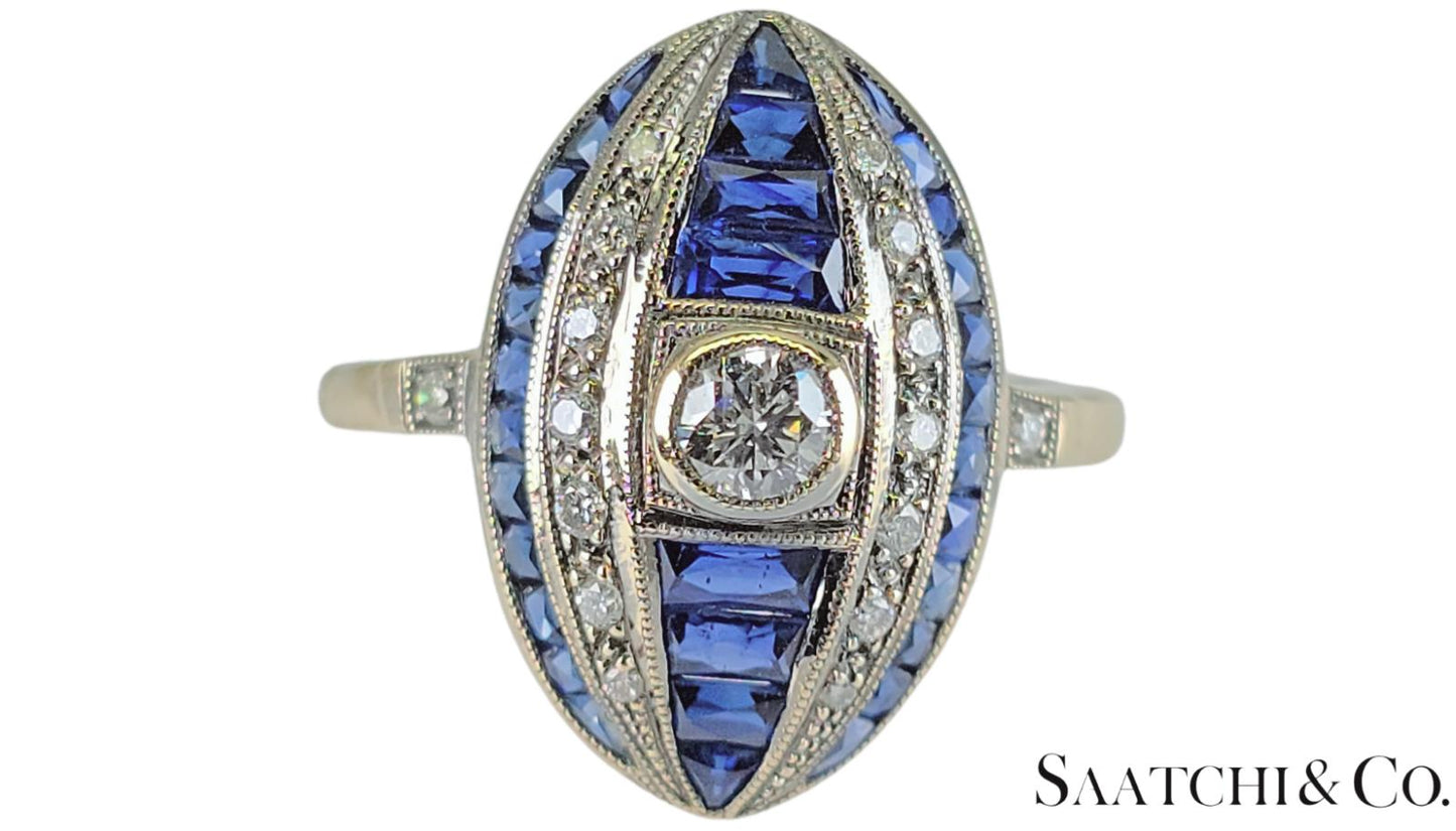 18K (750) White Gold - Natural VVS- VS Diamond and Sapphire; Top Quality Ring