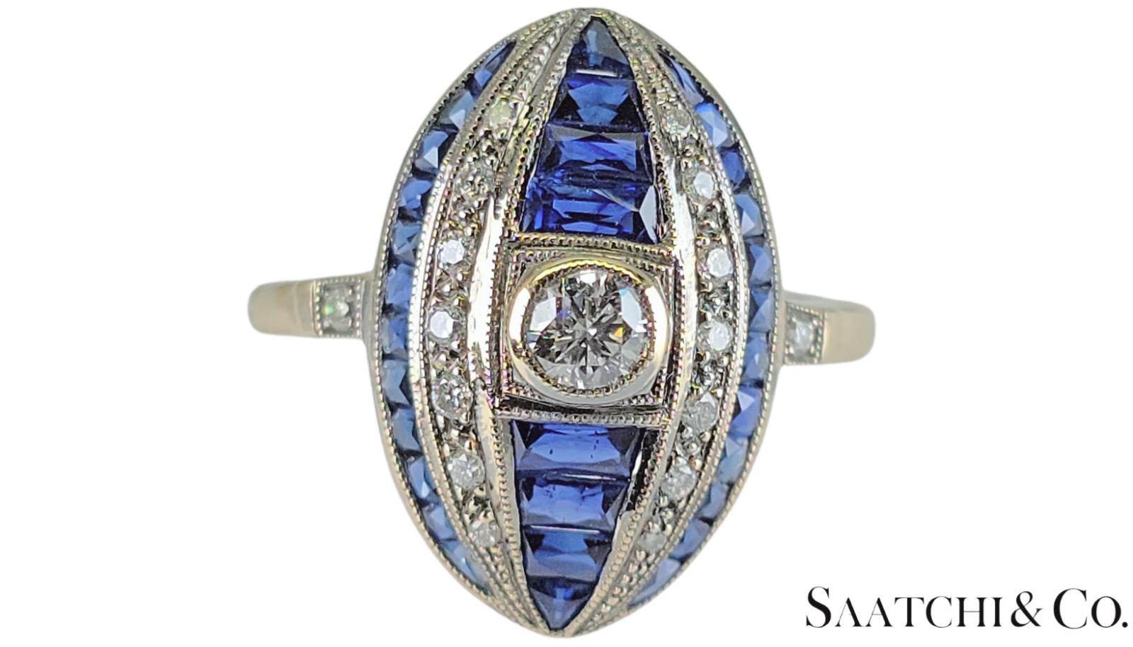 18K (750) White Gold - Natural VVS- VS Diamond and Sapphire; Top Quality Ring