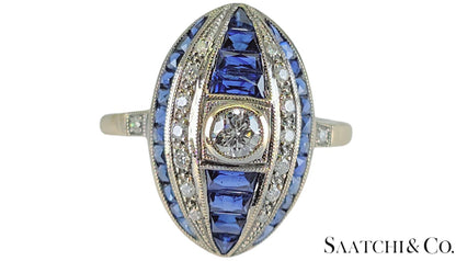 18K (750) White Gold - Natural VVS- VS Diamond and Sapphire; Top Quality Ring