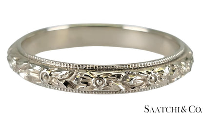 18K (750) White Gold Engraved Ring, Old - Vintage, 3.1 Gram, Size: 6.5