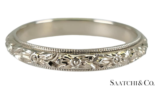 18K (750) White Gold Engraved Ring, Old - Vintage, 3.1 Gram, Size: 6.5