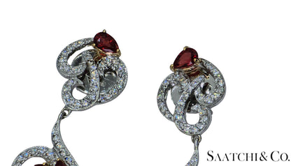 18K (750) White Gold Natural Brilliant Cut VVS Diamond & Ruby: Earrings